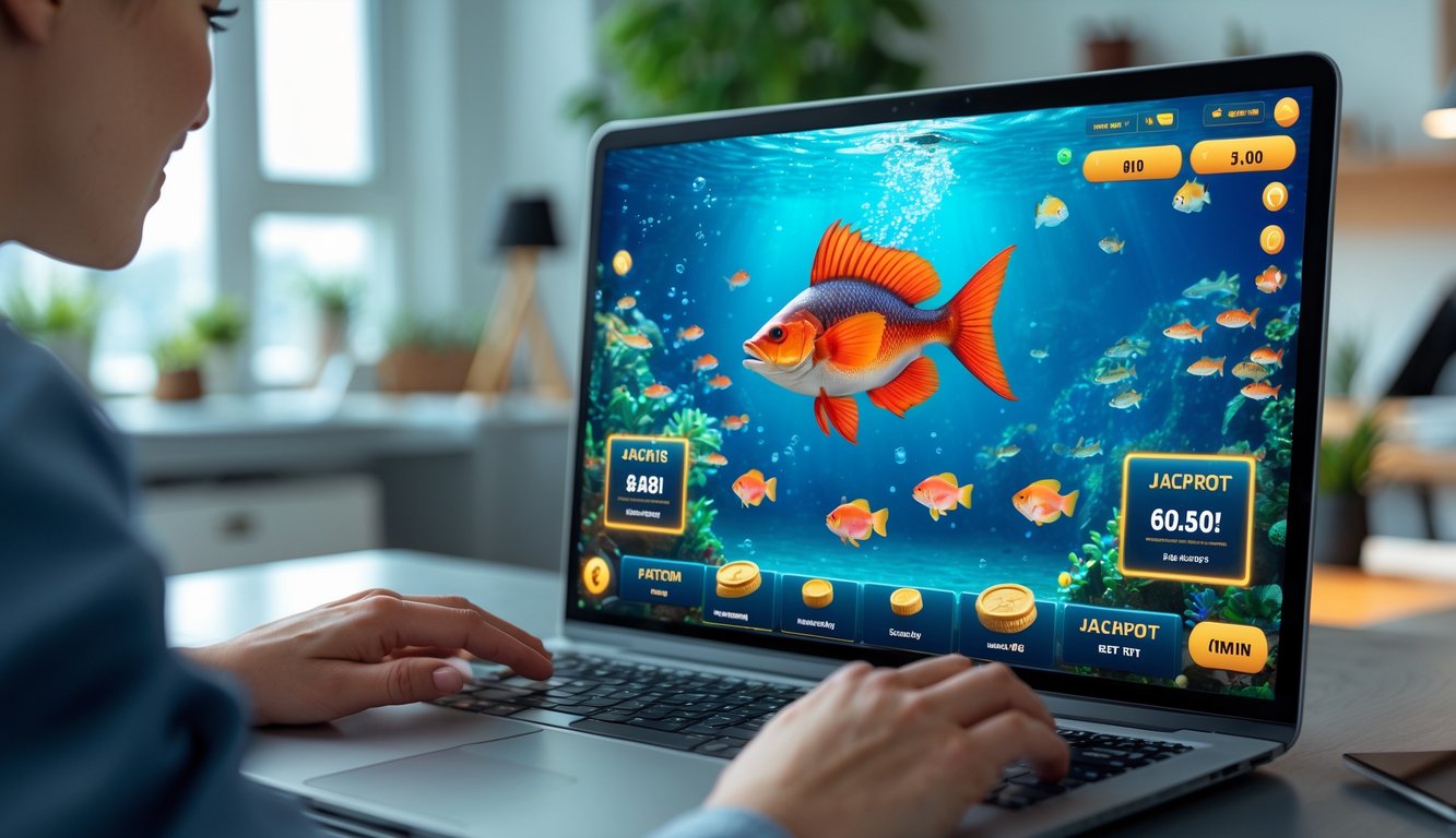 Seseorang bermain permainan tembak ikan di komputer dengan ikan berwarna-warni dan ikon jackpot di layar dalam ruangan kantor rumah yang terang.