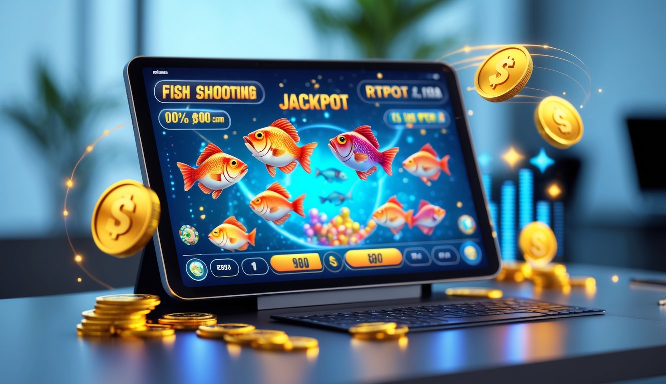 Layar perangkat digital menampilkan permainan tembak ikan dengan ikan berwarna-warni dan simbol jackpot, dikelilingi koin berkilau dan grafik digital yang menunjukkan tingkat pengembalian tinggi.