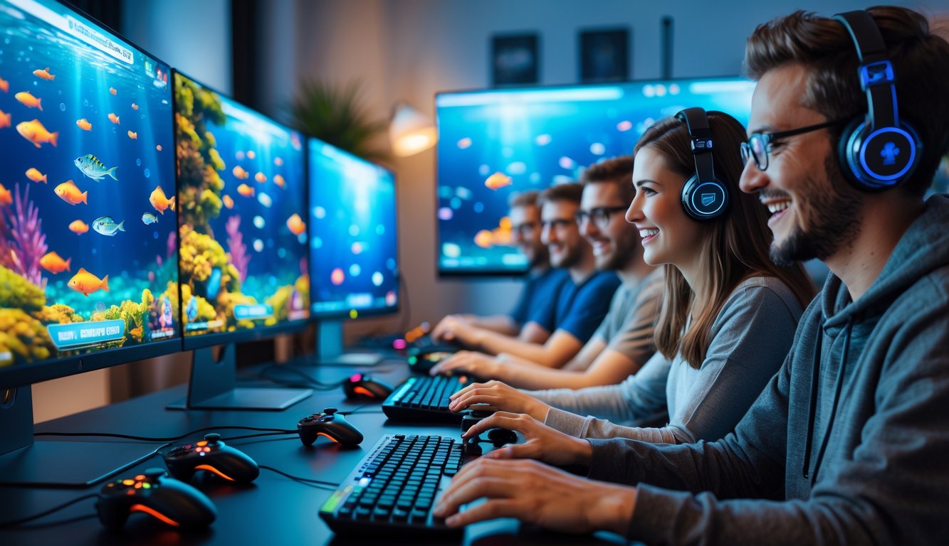 Beberapa orang bermain game tembak ikan di depan komputer dengan layar menampilkan ikan berwarna-warni di bawah laut.