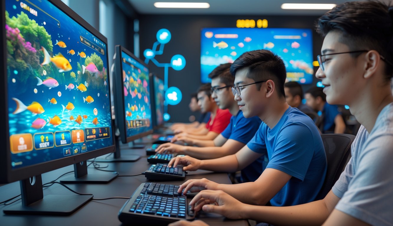 Beberapa orang muda bermain game tembak ikan online di depan komputer dengan layar penuh warna ikan dan elemen permainan di ruangan modern.