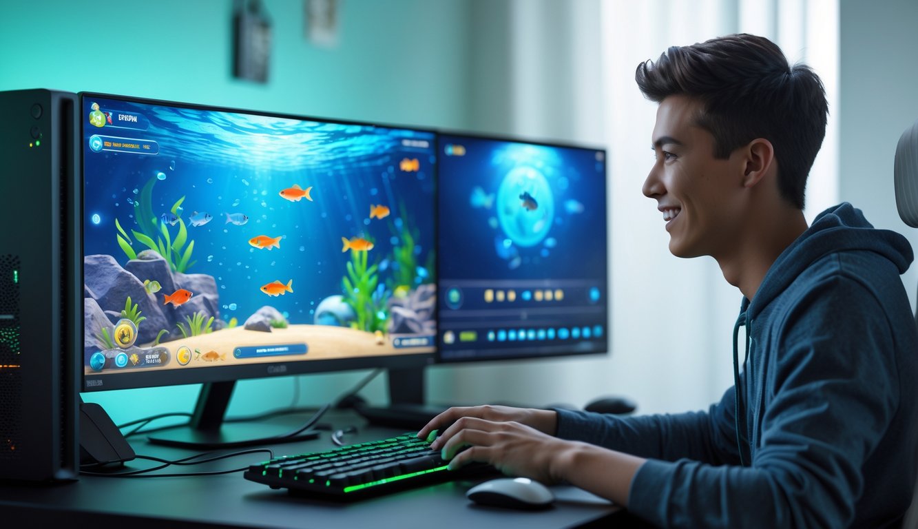 Seorang pria muda sedang bermain game tembak ikan di komputer dengan latar belakang bertema bawah laut.