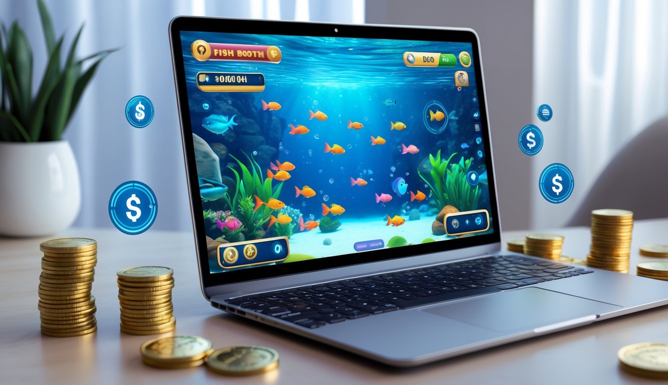 Sebuah komputer menampilkan permainan tembak ikan dengan ikan berwarna-warni di layar, dikelilingi oleh tumpukan koin kecil dan ikon mata uang digital di meja kerja yang rapi.