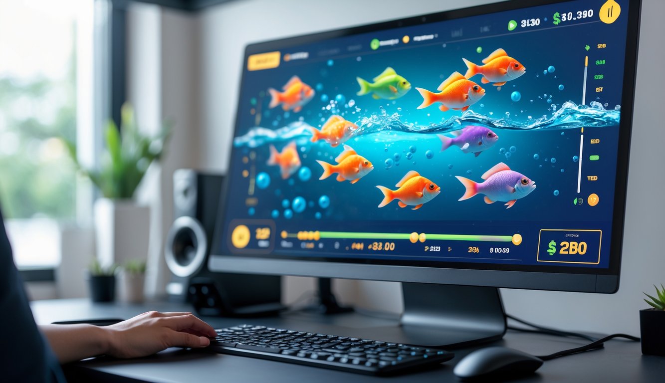 Tampilan layar komputer dengan permainan tembak ikan online yang penuh warna dan animasi ikan bergerak.