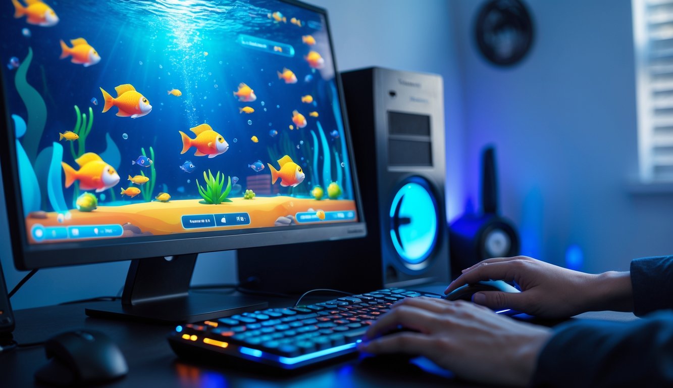 Seseorang sedang bermain game tembak ikan online di komputer dengan layar penuh warna dan suasana ruangan yang nyaman.
