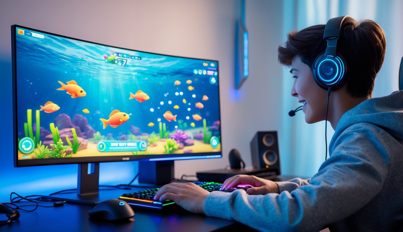 Seorang pemain muda sedang bermain game tembak ikan di komputer dengan latar ruangan yang terang dan dekorasi gaming.