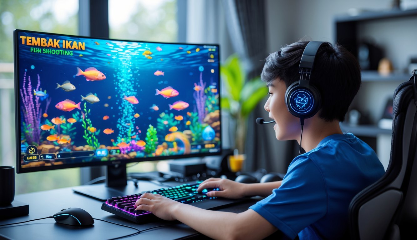 Seorang pemain muda sedang fokus bermain permainan tembak ikan online di depan layar komputer dengan gambar ikan berwarna-warni di dalam ruangan yang terang dan nyaman.