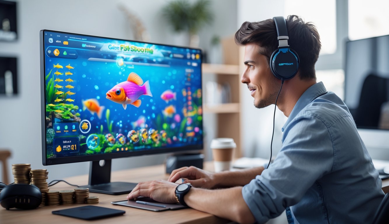 Seorang pria muda duduk di meja dengan komputer yang menampilkan permainan tembak ikan online, terlihat fokus dan percaya diri.