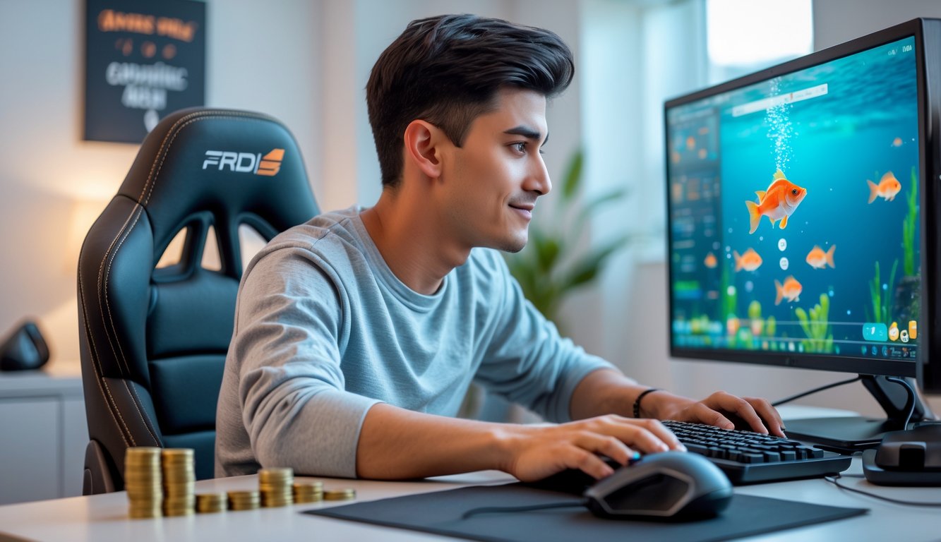Seorang pria muda sedang bermain game tembak ikan di komputer dengan ekspresi fokus di sebuah meja rapi.