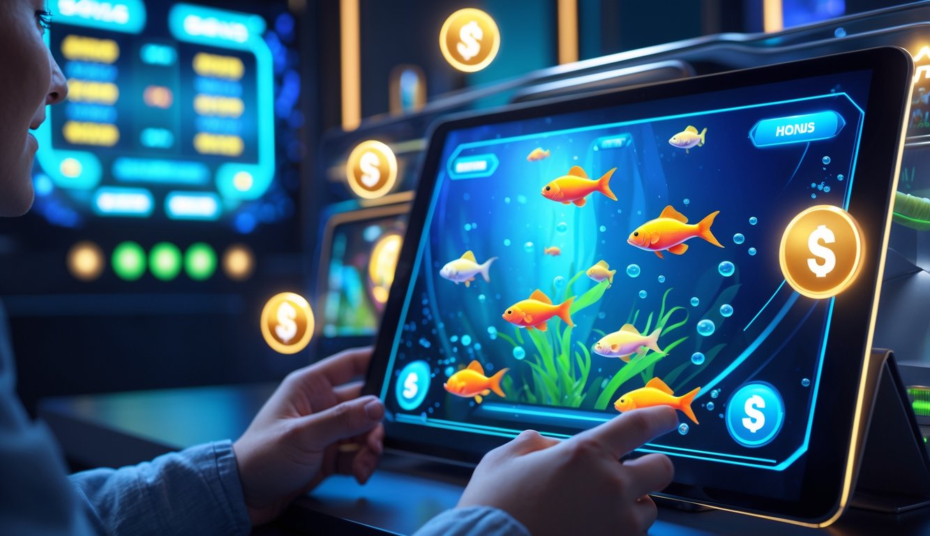 Seseorang menggunakan tablet dengan layar menampilkan permainan menembak ikan berwarna-warni dan simbol jackpot di latar belakang.