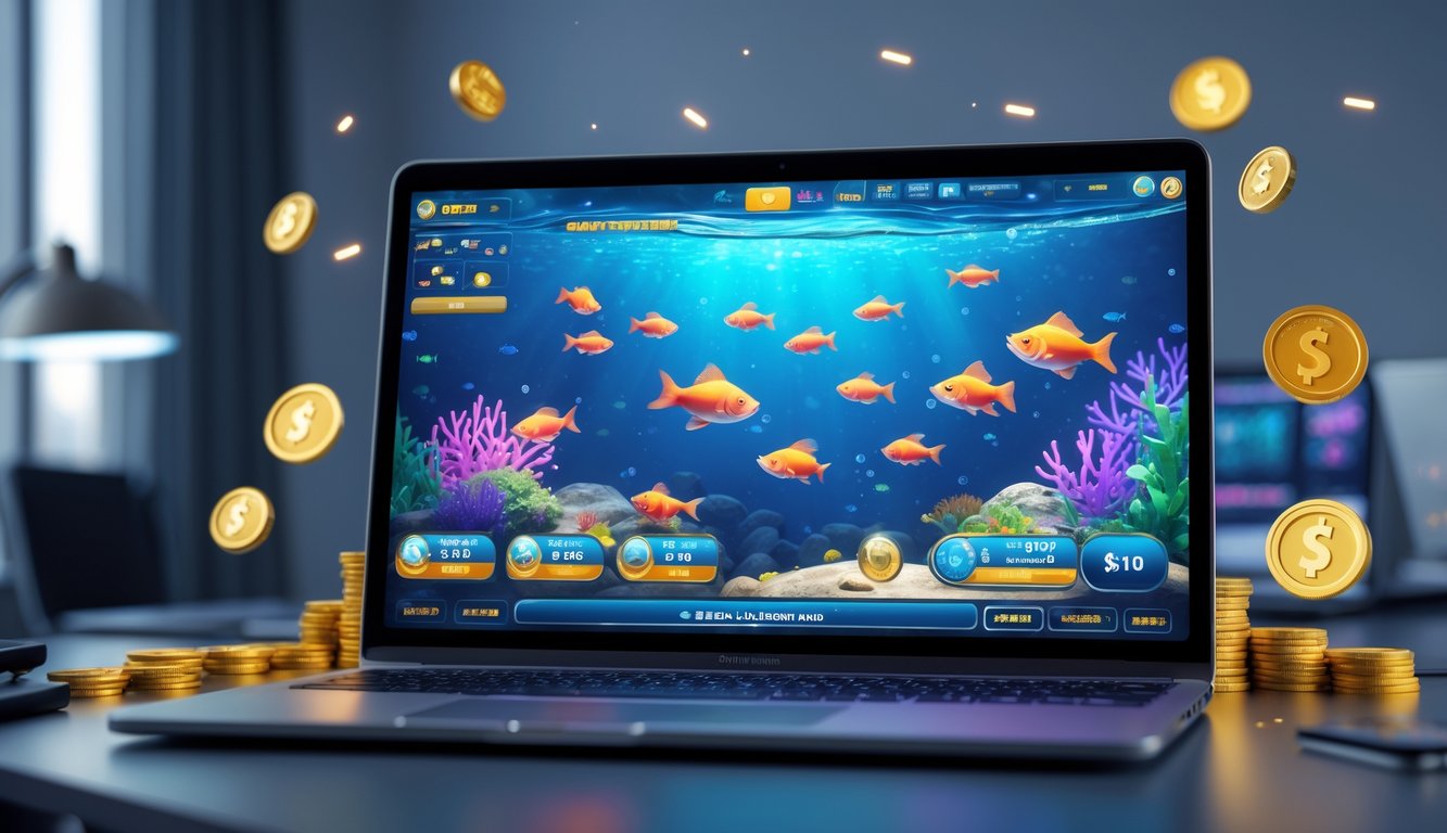 Seorang pengguna sedang bermain permainan tembak ikan online di komputer dengan latar belakang suasana ruang kerja yang rapi dan pencahayaan terang.