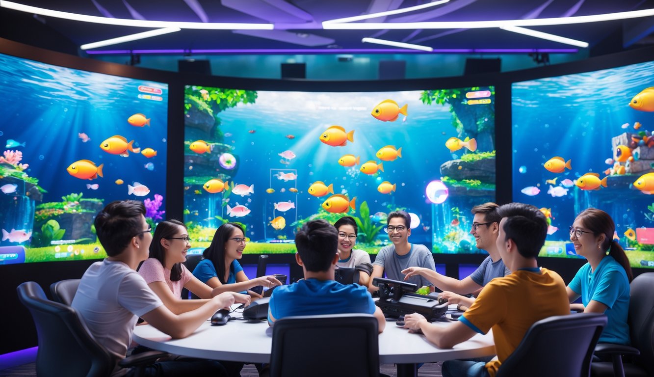 Beberapa orang bermain game tembak ikan di ruang permainan modern dengan layar digital besar menampilkan ikan berwarna-warni.