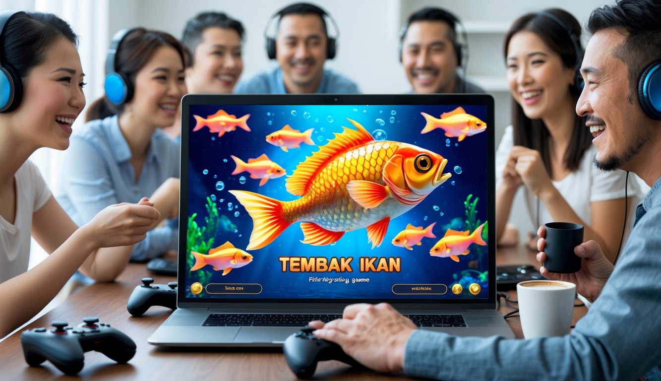 Orang-orang bermain game tembak ikan online dengan komputer yang menampilkan ikan-ikan berwarna-warni di layar.