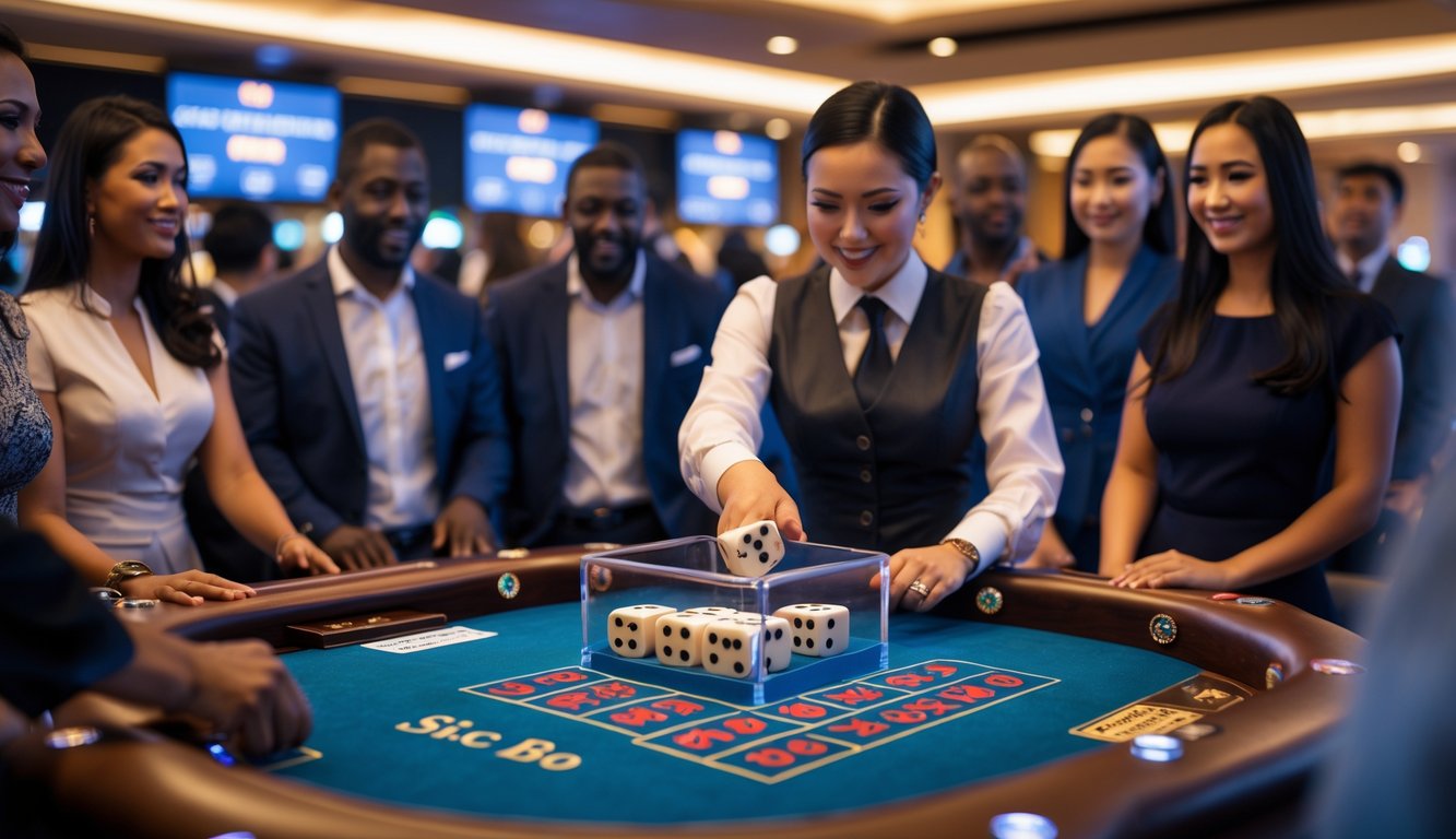 Dealer melempar dadu dalam permainan Sic Bo di meja kasino dengan pemain yang memperhatikan, suasana profesional dan terpercaya.