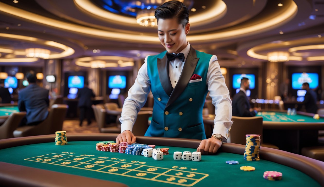 Seorang dealer di meja permainan Sic Bo dengan dadu dan chip taruhan di kasino yang modern dan mewah.