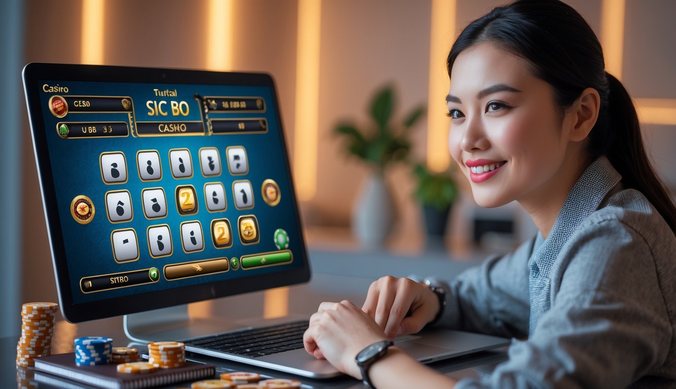 Seorang pemain pemula sedang bermain Sic Bo online dengan ekspresi fokus di depan komputer di lingkungan rumah yang nyaman.