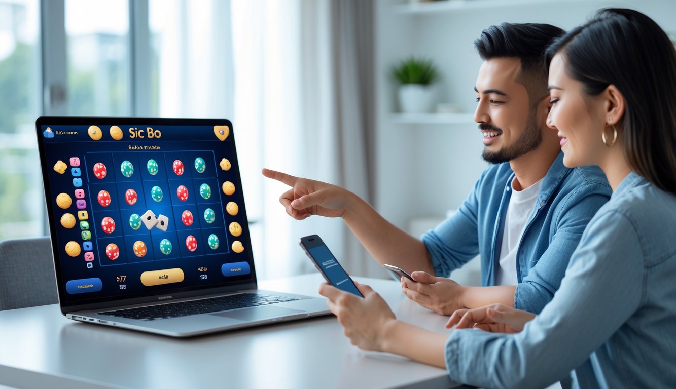 Dua orang muda sedang fokus bermain Sic Bo online di depan laptop di sebuah ruangan yang terang dan rapi.