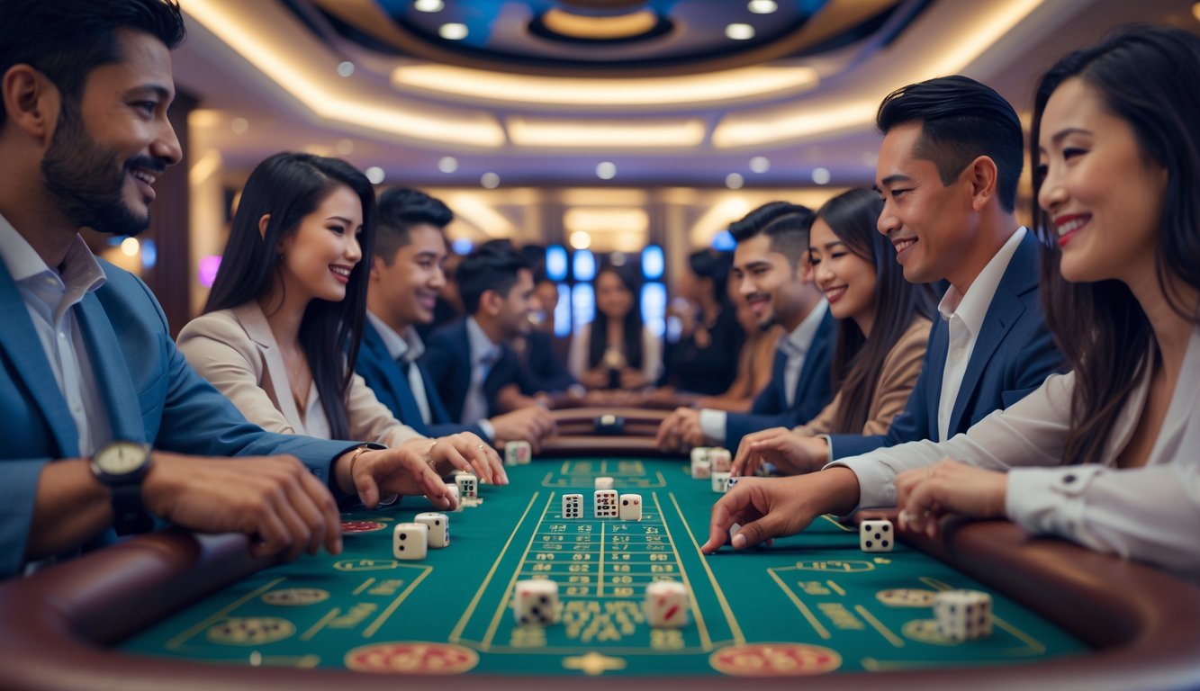 Beberapa orang sedang bermain permainan Sic Bo di meja kasino dengan dadu dan chip taruhan.