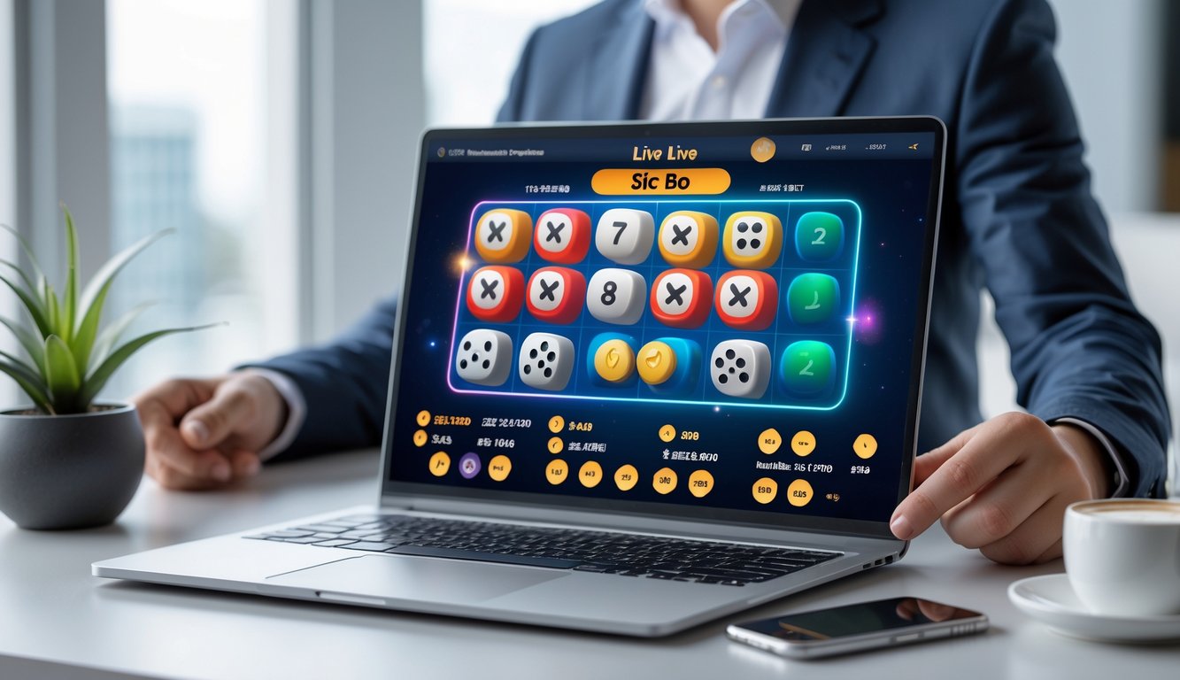 Seseorang yang fokus bermain permainan Sic Bo online di komputer dengan latar belakang ruang kerja modern.