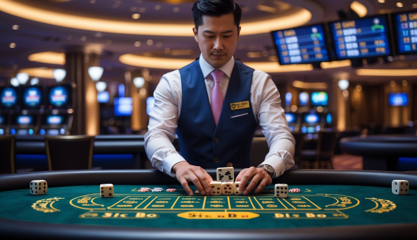 Seorang dealer profesional sedang mengelola permainan Sic Bo di meja kasino dengan latar belakang peralatan streaming dan pencahayaan kasino.
