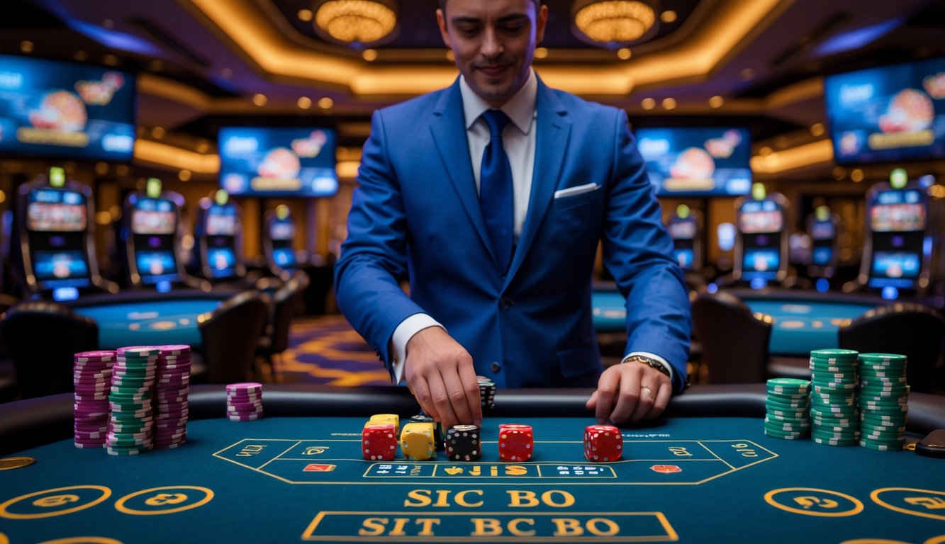Seorang dealer profesional sedang mengatur permainan Sic Bo dengan dadu di meja permainan di kasino dengan layar streaming di latar belakang.