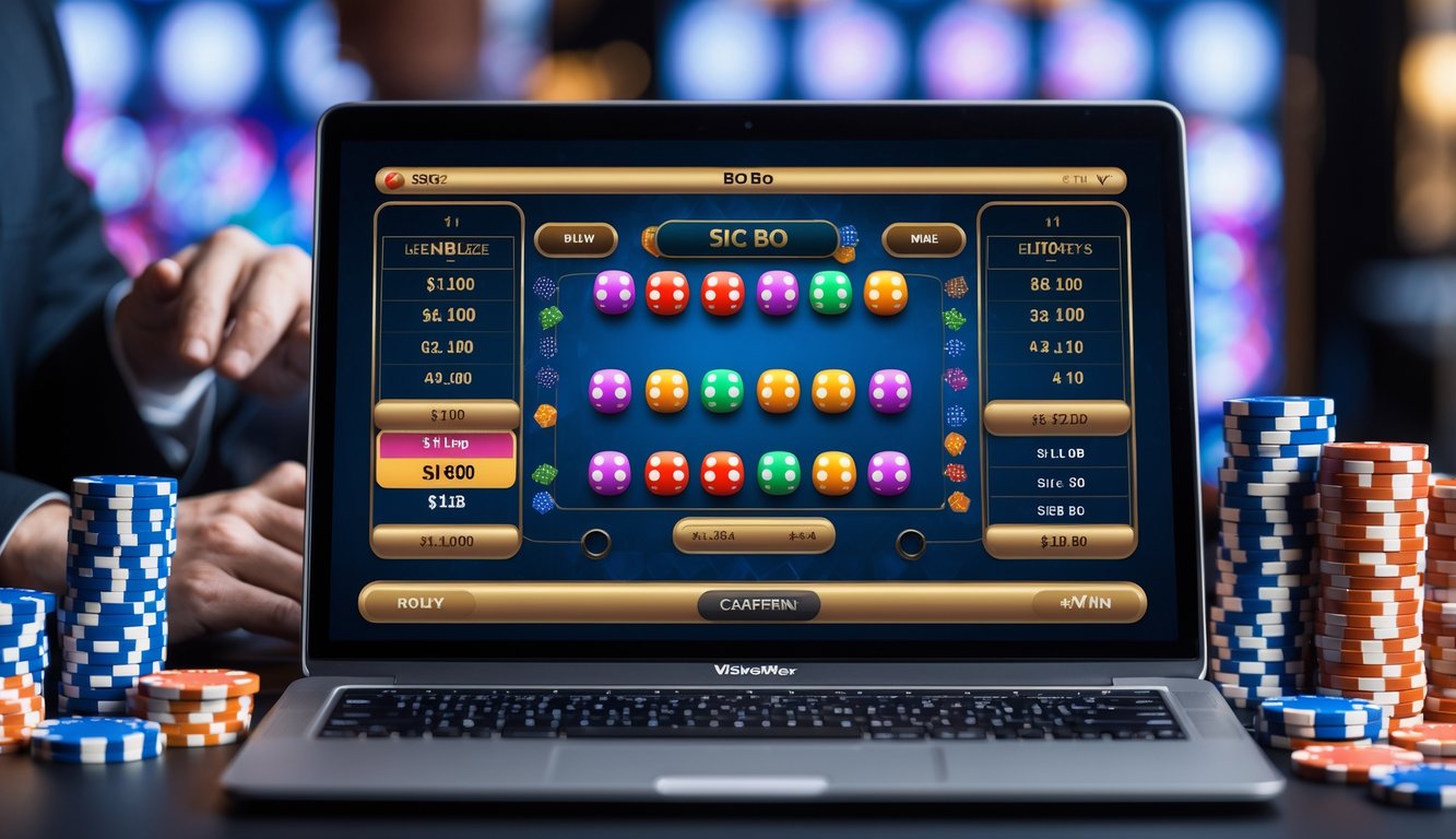 Seorang pemain sedang menggunakan komputer dengan tampilan permainan Sic Bo online, dikelilingi oleh chip poker dan suasana kasino digital yang terang.