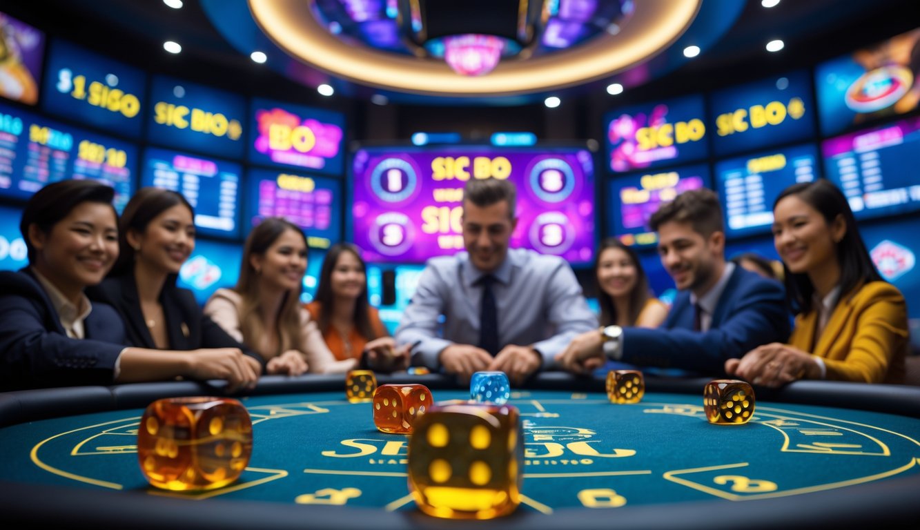 Orang-orang bermain permainan Sic Bo di meja kasino dengan dadu berwarna cerah dan layar digital di latar belakang.
