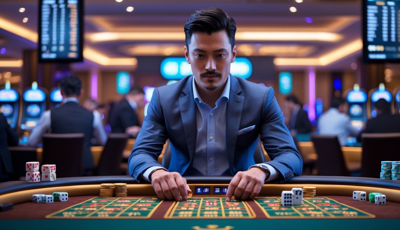Seorang pria duduk di meja kasino sedang fokus bermain Sic Bo dengan dadu dan layar taruhan di depannya.