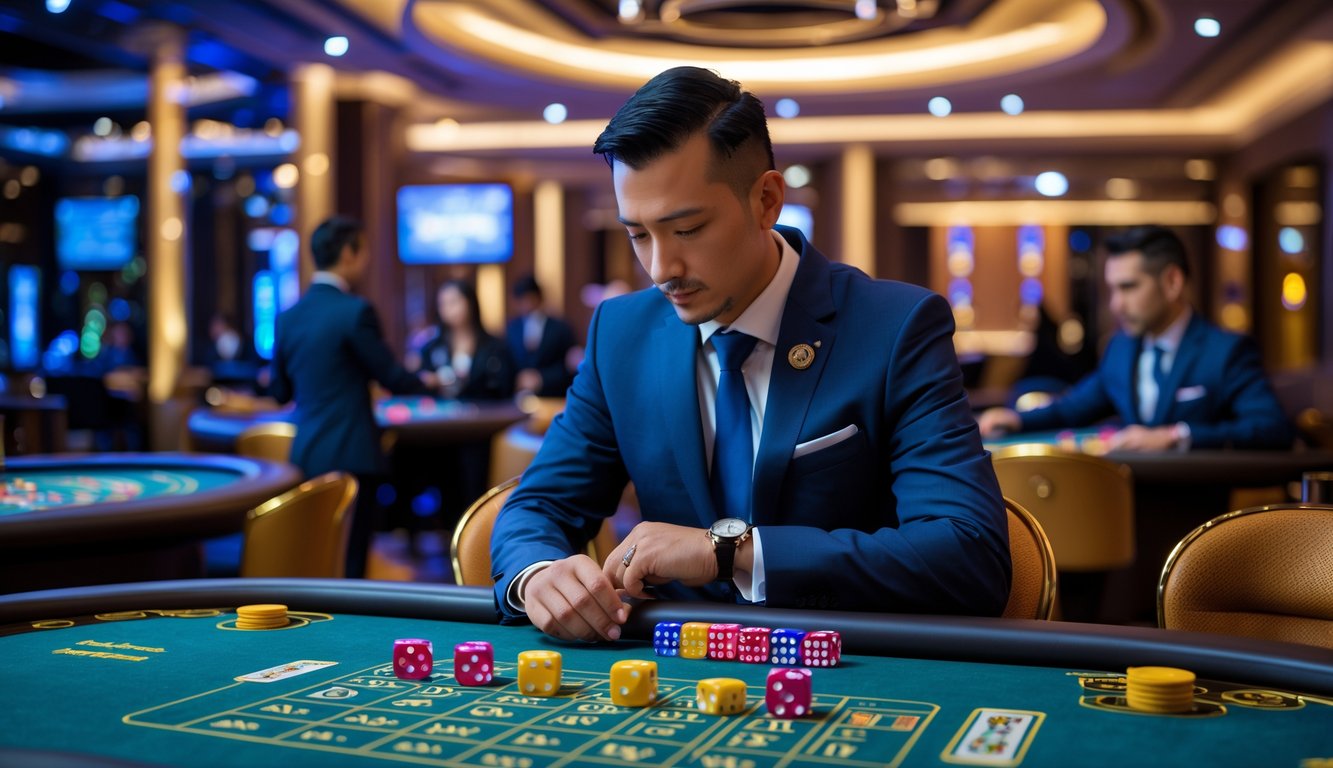 Seorang pemain di meja Sic Bo di kasino yang terlihat serius dan fokus dengan dadu dan chip di meja, dikelilingi suasana kasino yang modern dan elegan.