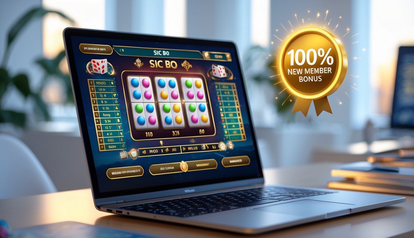 Seorang pemain menggunakan laptop dengan tampilan permainan Sic Bo dadu berwarna-warni di layar dalam suasana ruangan modern yang rapi.