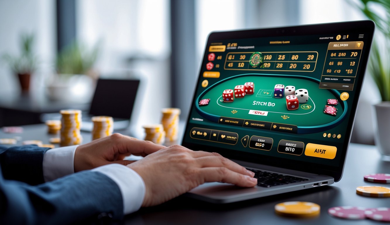 Seseorang menggunakan laptop dengan tampilan permainan live Sic Bo di layar dalam suasana ruang kerja modern.