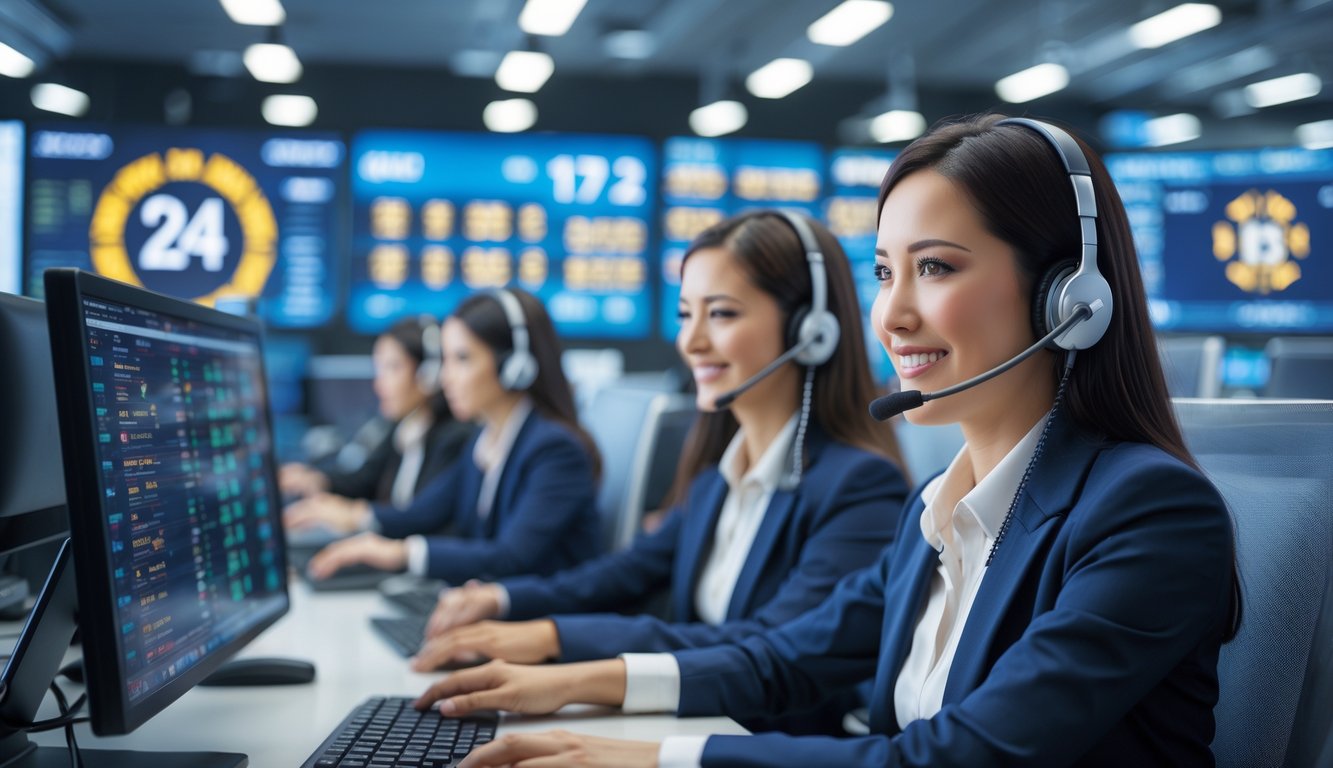Pusat layanan pelanggan modern dengan staf yang ramah menggunakan headset dan komputer, menunjukkan layanan aktif 24 jam.