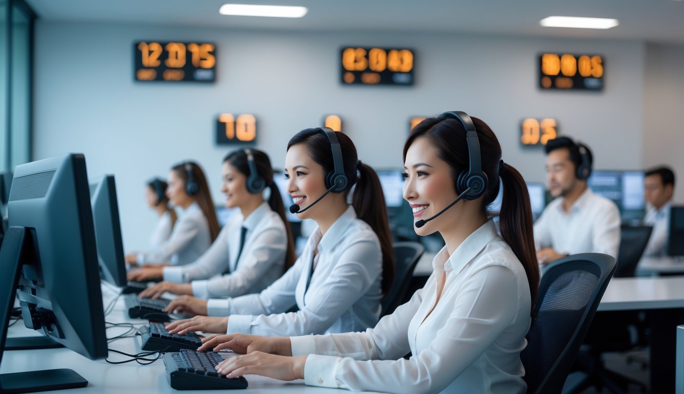 Tim layanan pelanggan yang ramah bekerja di pusat layanan modern dengan komputer dan headset, menunjukkan layanan aktif 24 jam.