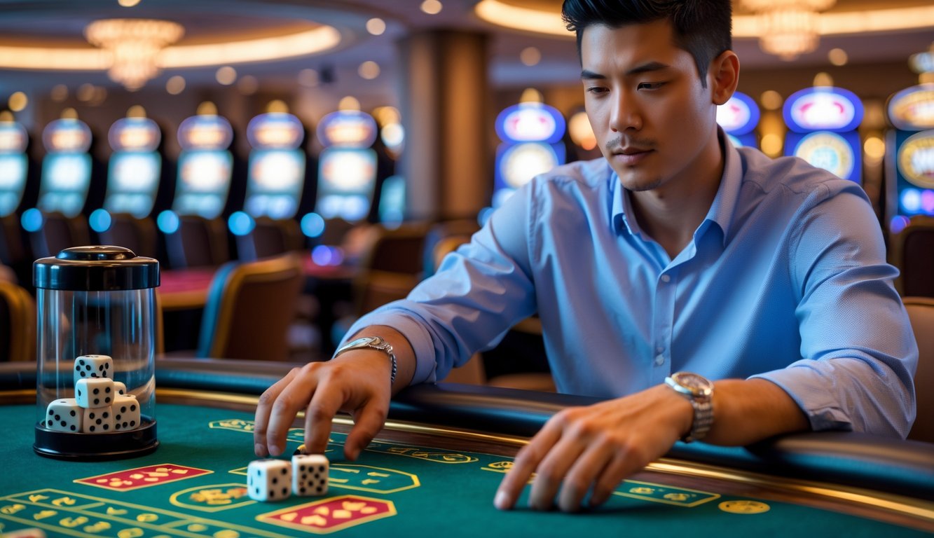 Seorang pemain muda duduk di meja kasino modern fokus bermain permainan dadu Sic Bo dengan ekspresi serius dan suasana kasino yang terang.