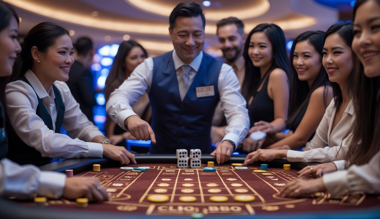 Suasana meja permainan Sic Bo dengan dealer dan beberapa pemain yang sedang memasang taruhan di kasino.