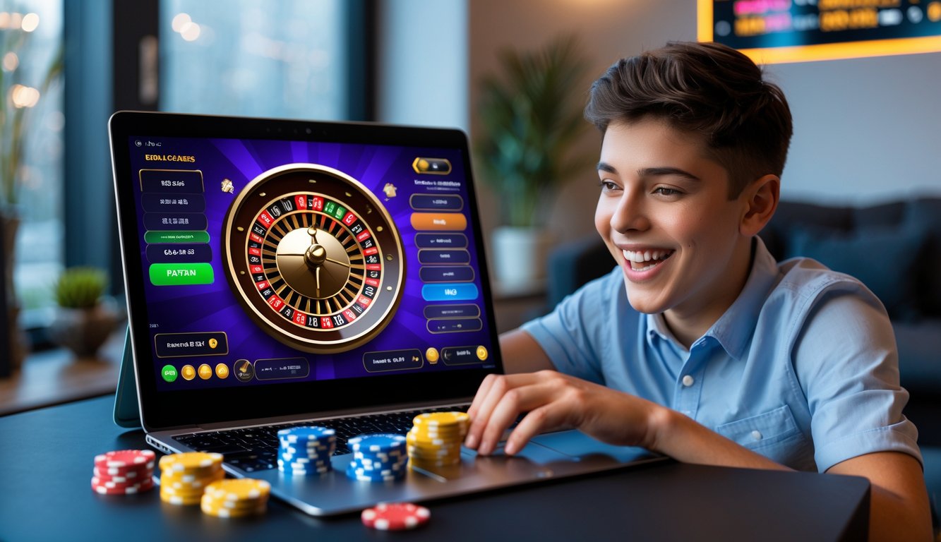 Seorang pemain muda sedang bermain roulette online di laptop dengan chip warna-warni di meja dalam ruangan yang terang.