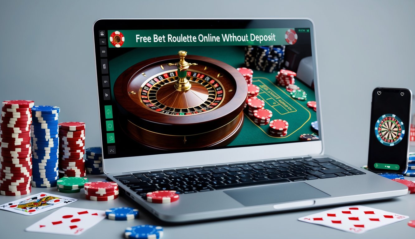 Seorang pemain sedang menggunakan laptop yang menampilkan roda roulette online dengan chip poker di meja di sekitarnya.