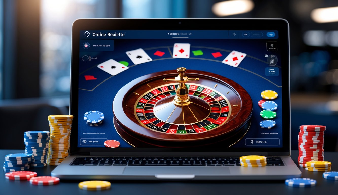 Layar komputer menampilkan permainan roulette online dengan roda roulette berputar dan chip warna-warni di sekitarnya.
