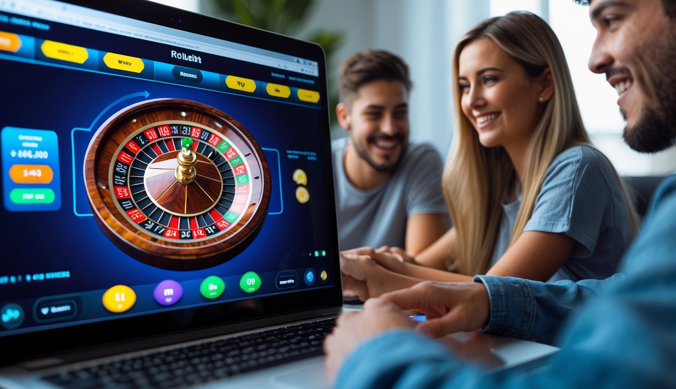 Dua orang muda sedang bermain roulette online di depan laptop di ruang kerja yang terang dan modern.