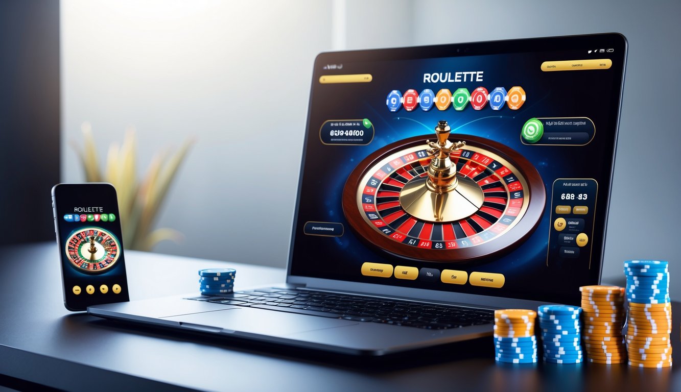 Seseorang bermain roulette online menggunakan laptop dan ponsel dengan tampilan roda roulette dan chip taruhan di layar.