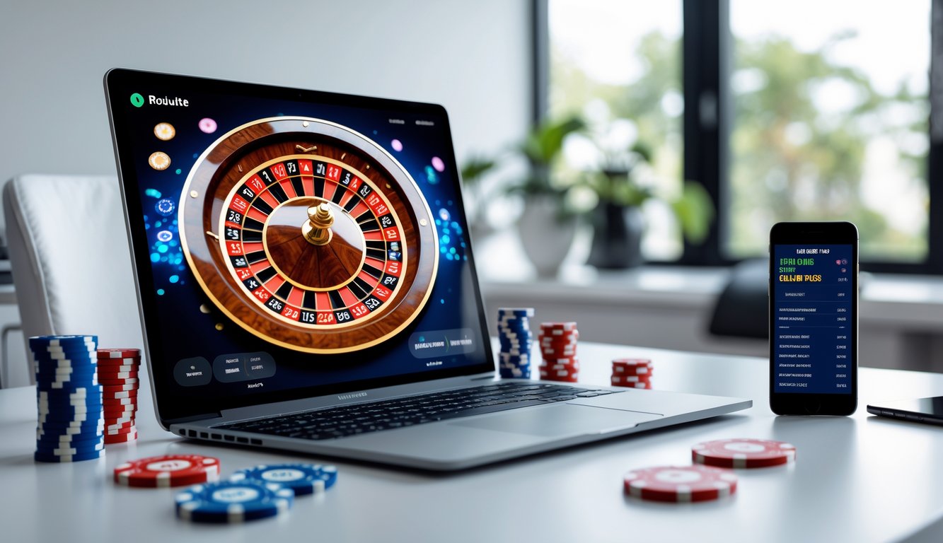 Seseorang menggunakan komputer dengan tampilan roda roulette online di layar dalam suasana ruang kerja yang terang dan rapi.