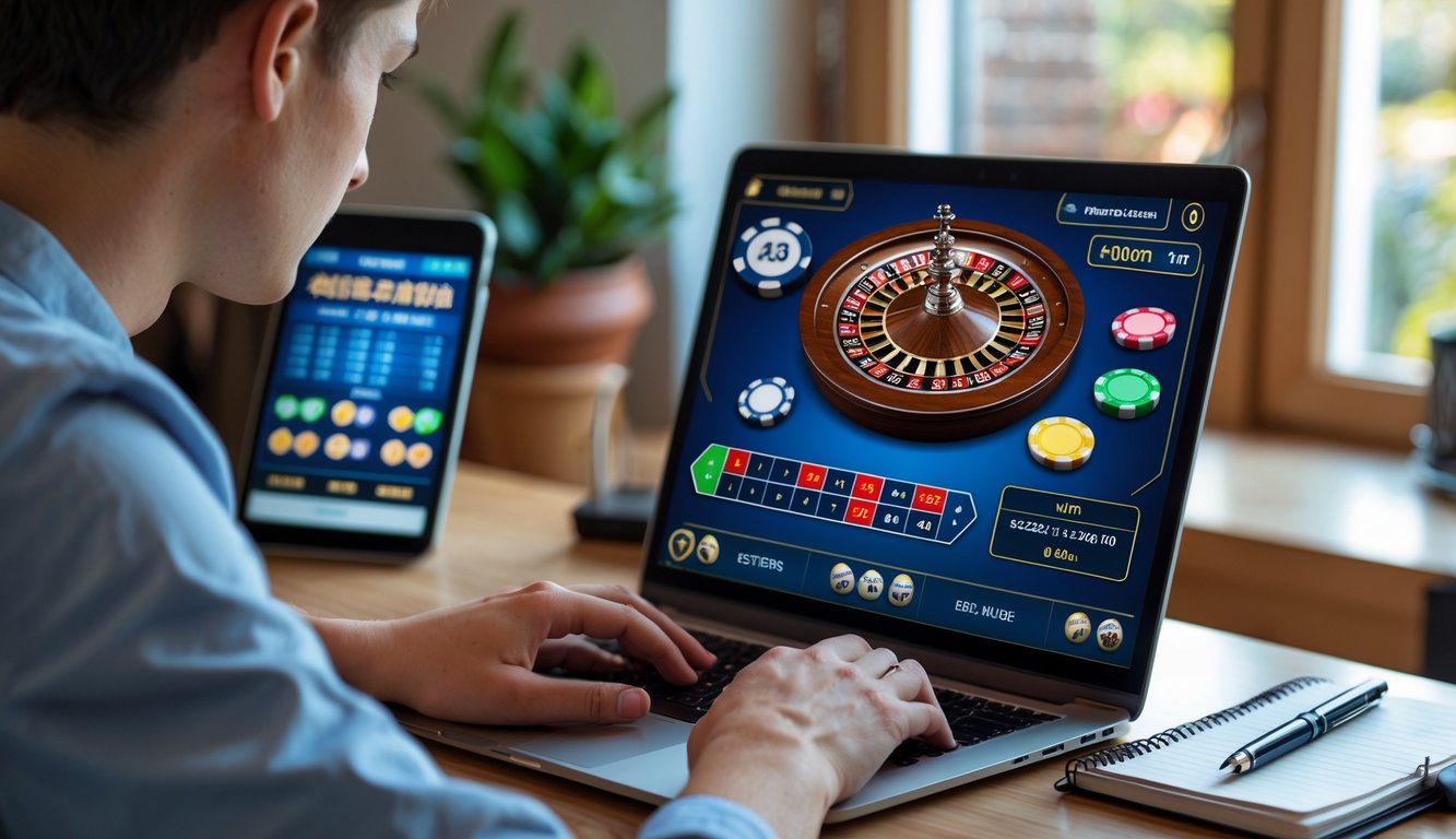 Seorang dewasa muda menggunakan laptop menampilkan permainan roulette online dengan roda roulette digital dan chip taruhan di layar.