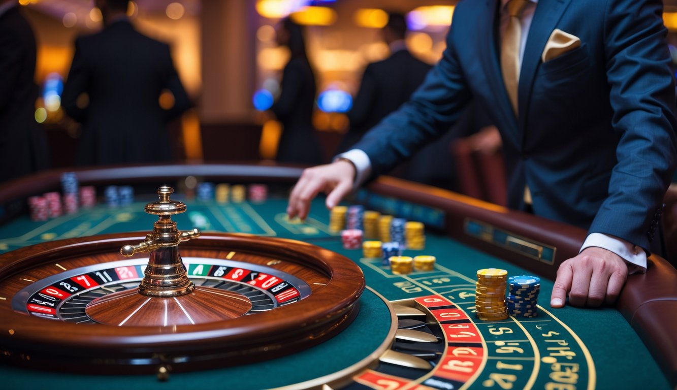 Meja roulette di kasino dengan dealer berpakaian rapi sedang memutar roda roulette, dikelilingi oleh chip taruhan dan suasana kasino yang hangat.