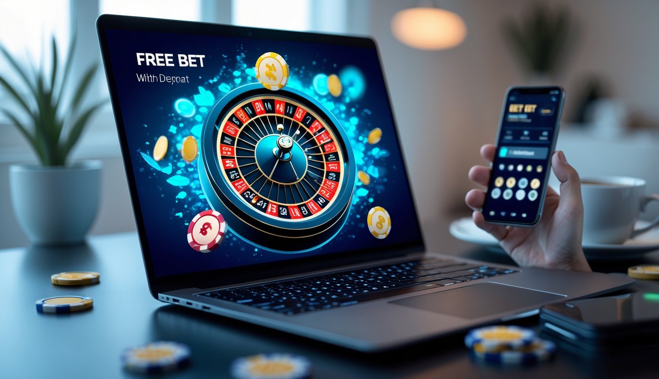 Sebuah laptop menampilkan permainan roulette online dengan roda roulette dan chip digital di layar, dikelilingi oleh smartphone dan suasana ruangan yang nyaman.