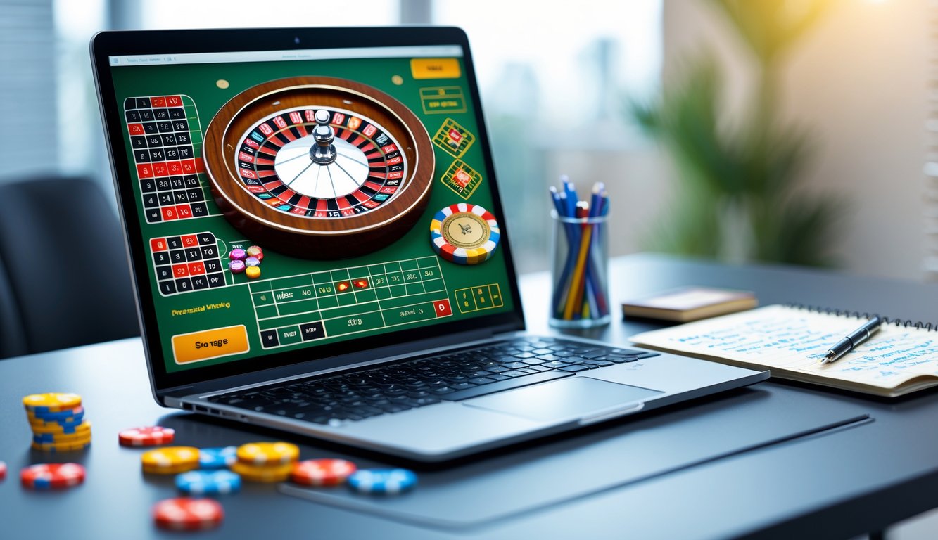 Seorang pengguna laptop sedang merencanakan strategi bermain roulette online dengan catatan dan chip di layar komputer.