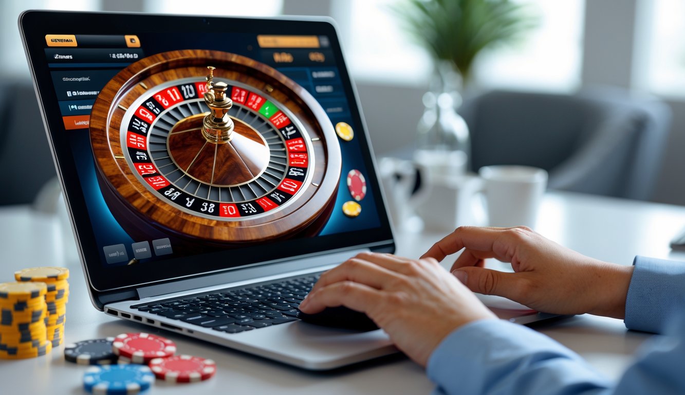 Tangan seseorang sedang menggunakan komputer dengan layar menampilkan permainan roulette online.