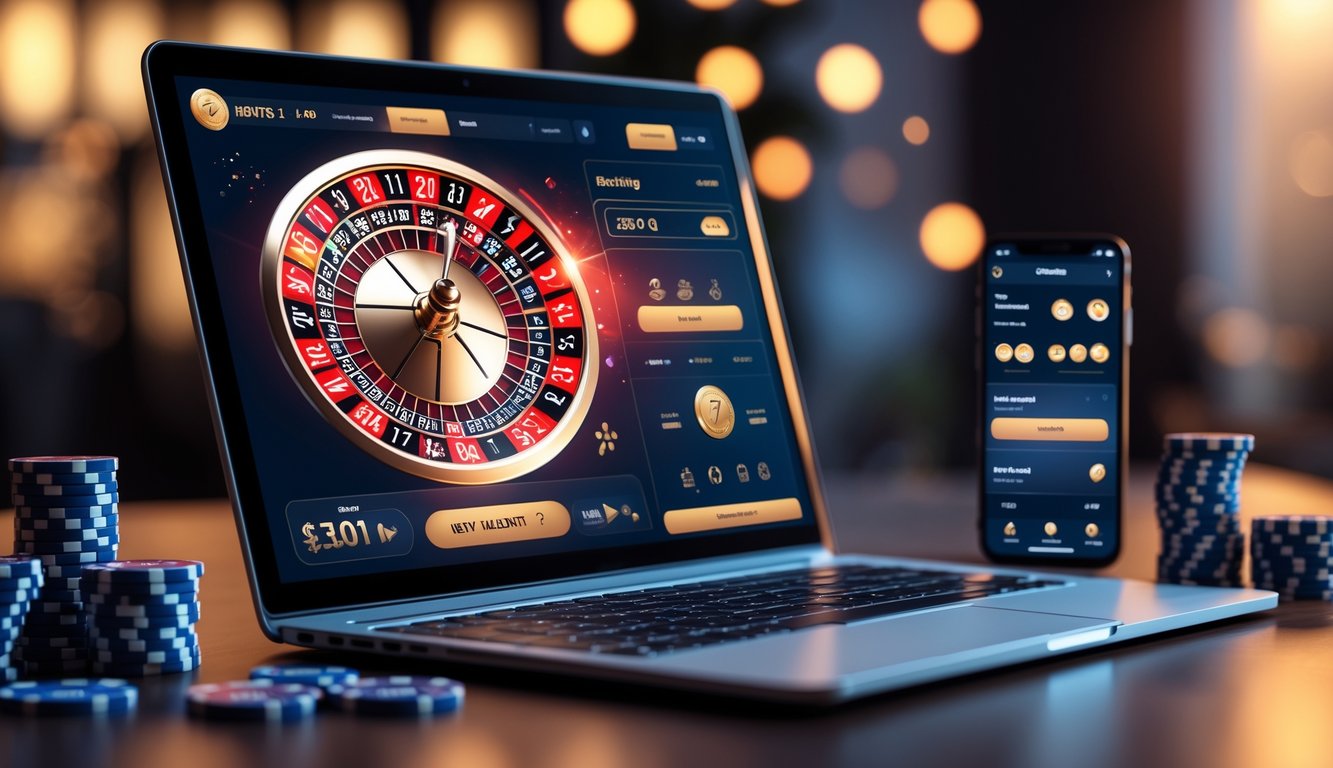 Sebuah layar komputer menampilkan roda roulette digital yang berputar dengan tumpukan chip poker dan ponsel di sekitarnya.