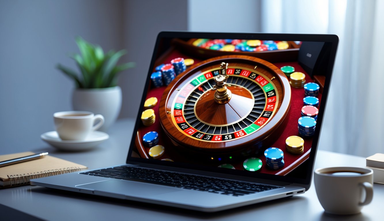 Sebuah meja dengan komputer menampilkan permainan roulette online dengan chip berwarna di sekitar roda roulette.