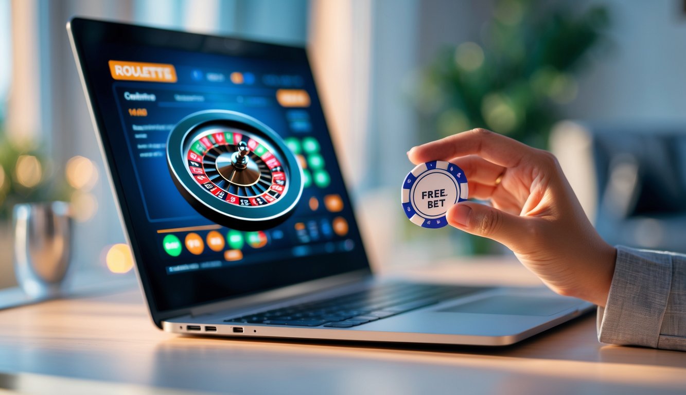 Seseorang bermain roulette online di komputer dengan chip taruhan gratis di tangan.