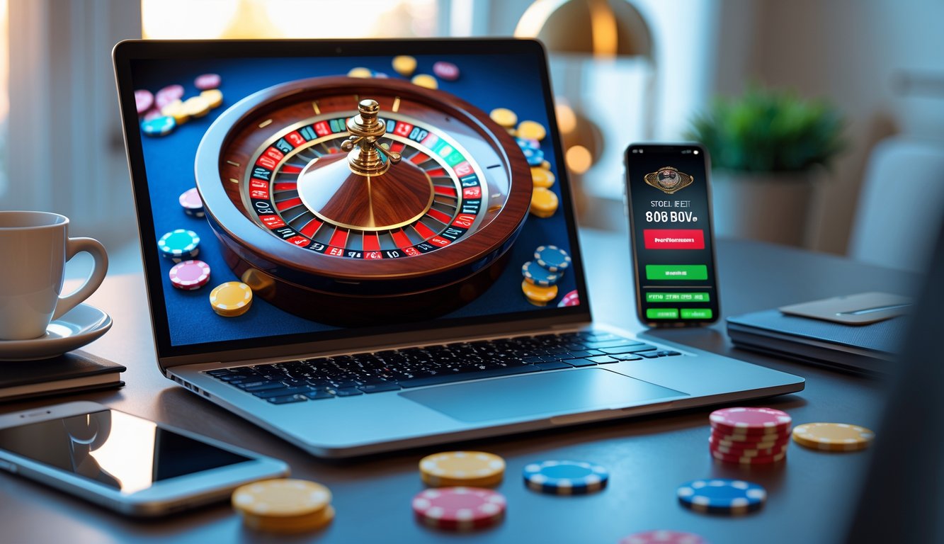 Seseorang menggunakan laptop dengan tampilan roda roulette dan chip warna-warni di meja, di samping smartphone yang menampilkan promosi, di ruang kerja yang nyaman.