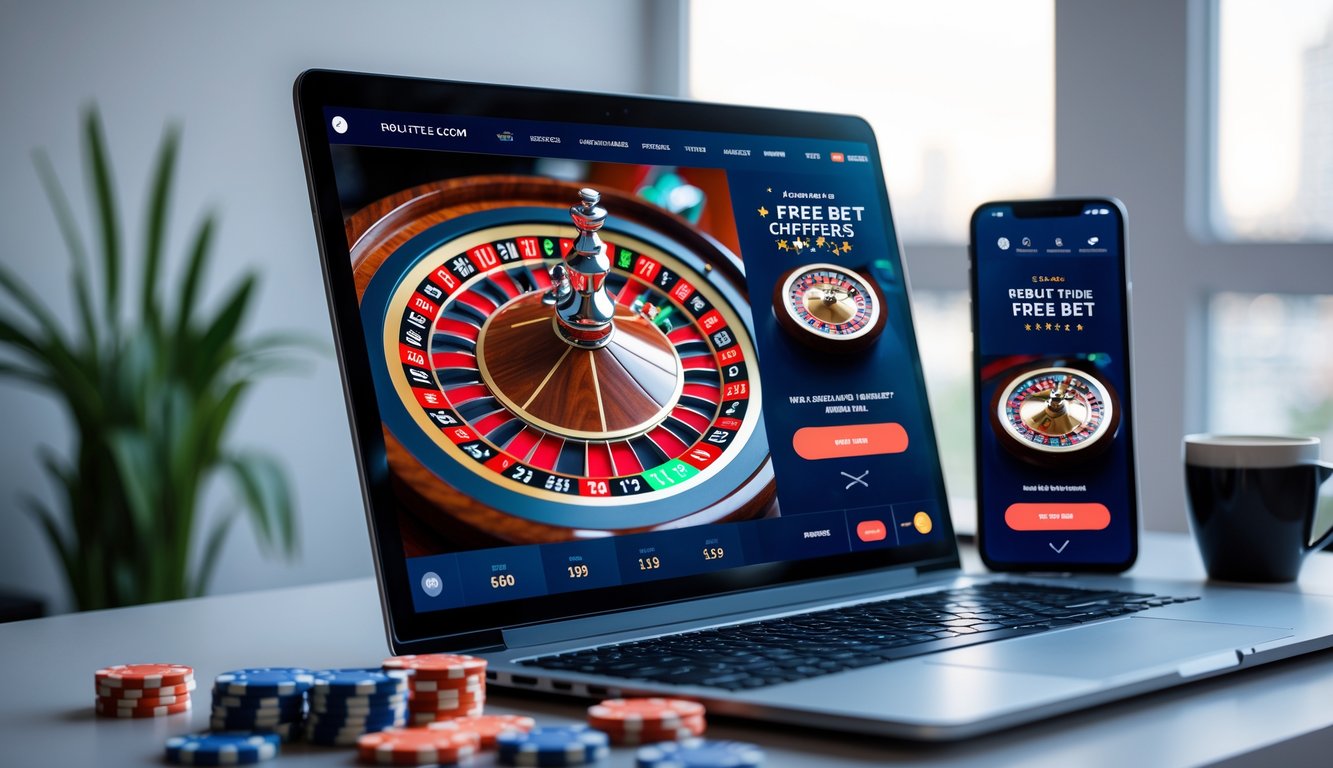 Sebuah laptop dan ponsel di atas meja menampilkan permainan roulette online dengan chip kasino dan kopi di sampingnya.